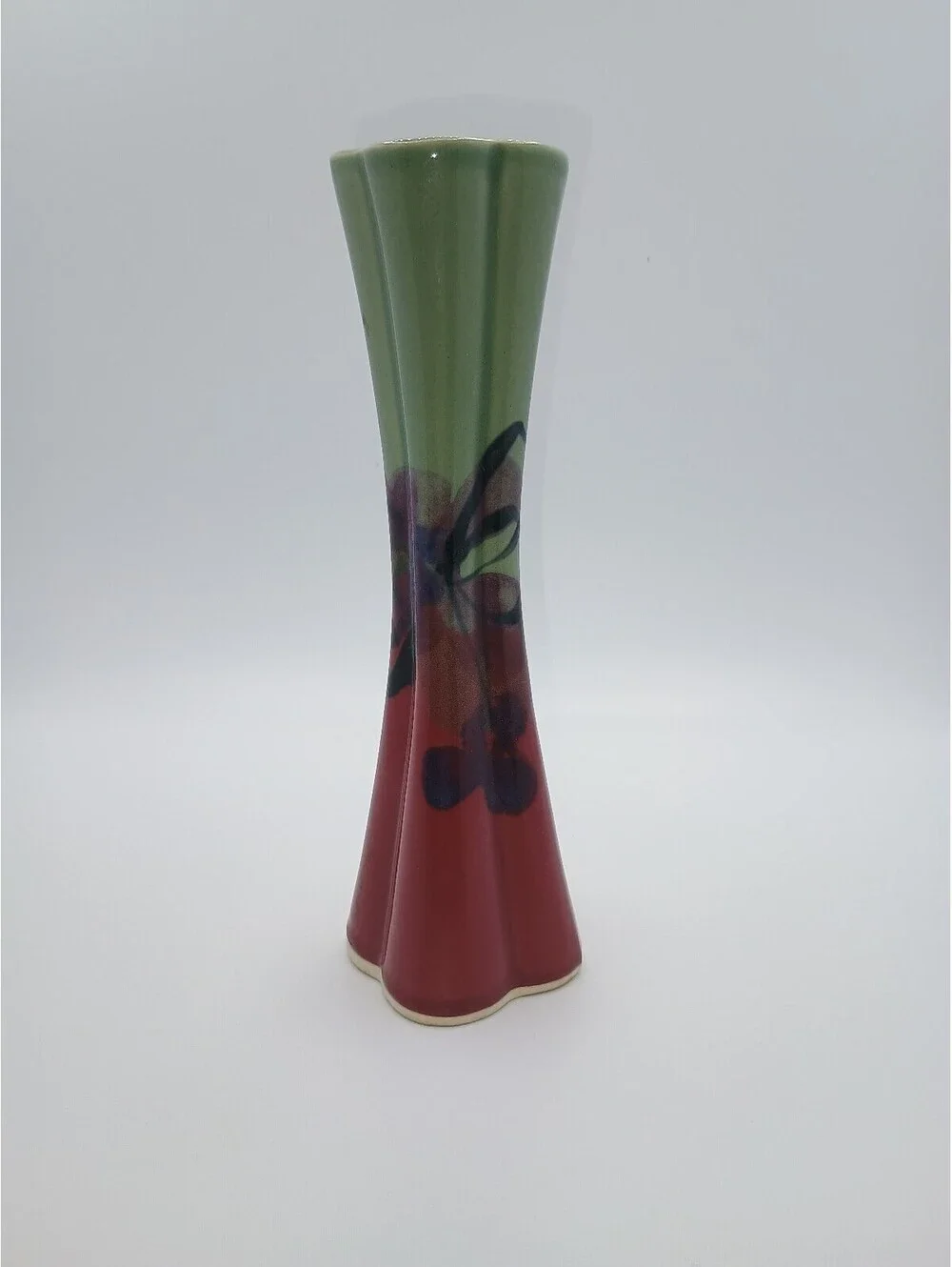 Vintage Ceramic Flower Vase with Green and Red Floral Design signed by Follette